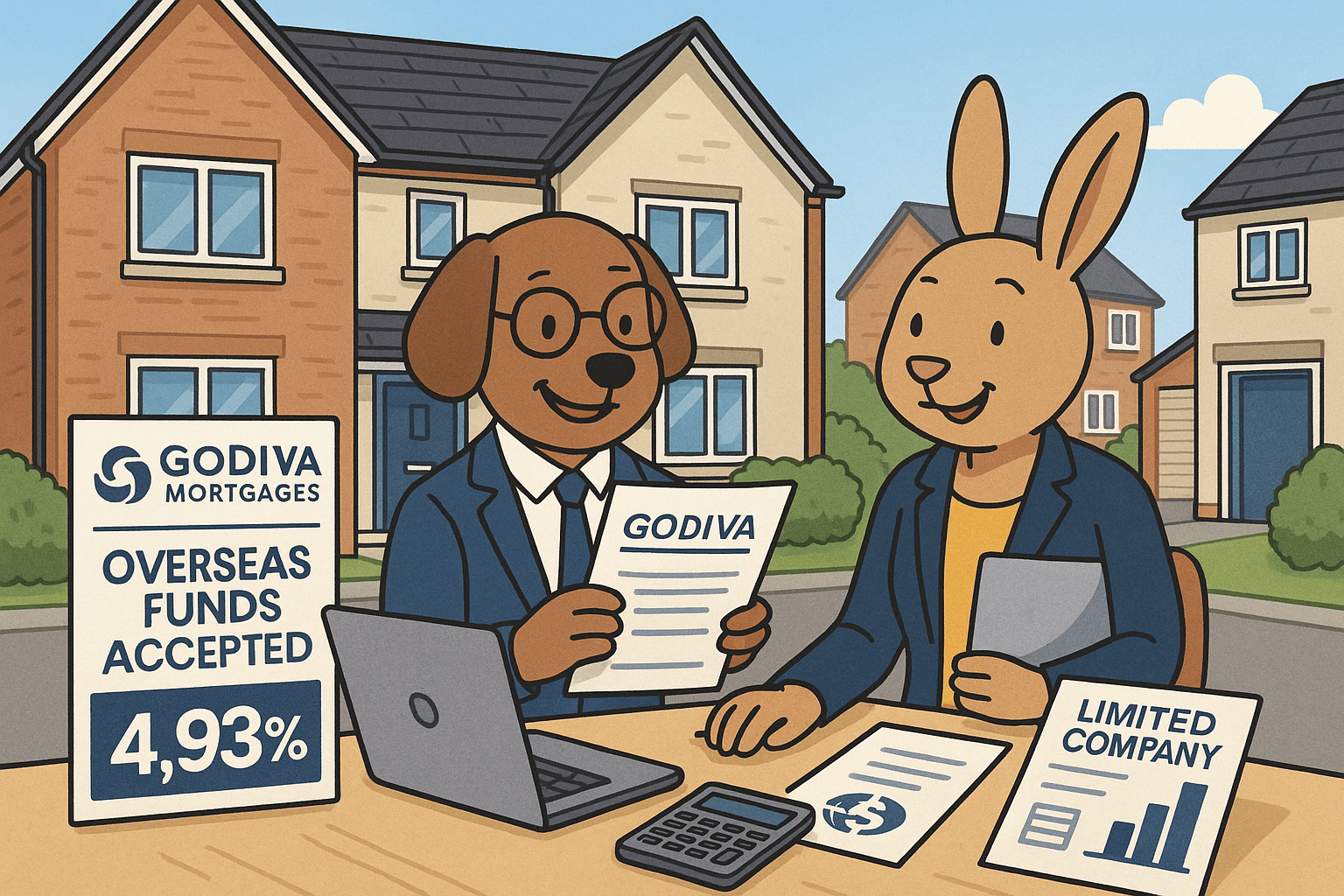Cartoon illustration of a professional couple, depicted as friendly animals, reviewing property investment documents with laptop, calculator, and Godiva Mortgages branding. Background shows modern residential homes, limited company graphics, and signage highlighting overseas funds accepted and 4.93% mortgage rate.