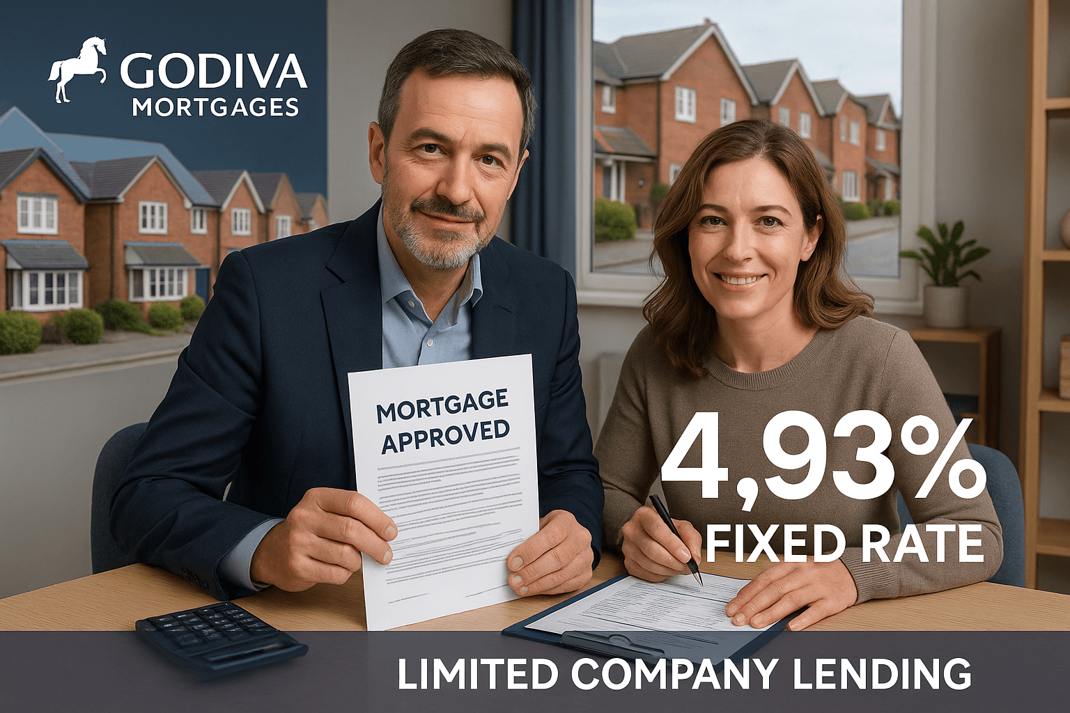 Professional couple in a modern home office smiling while reviewing mortgage approval documents with Godiva Mortgages branding, showcasing 4.93% fixed rate limited company lending for property investors