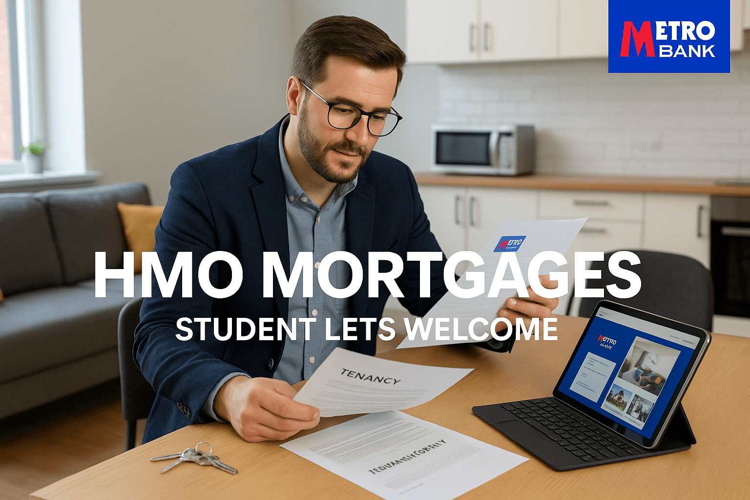 Professional UK landlord reviewing HMO mortgage documents with Metro Bank branding in a modern student rental property, including keys, tenancy agreements, and tablet showing property listings.