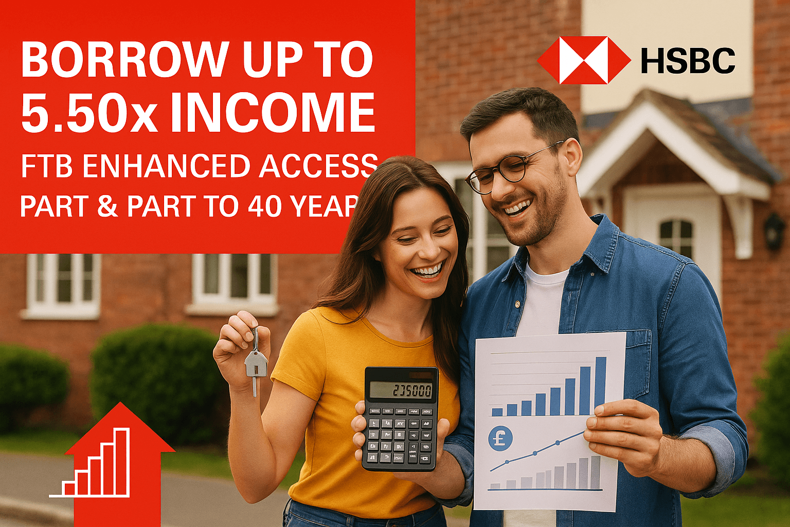 First-time buyers using calculator to show HSBC's enhanced 5.50x income multiples and improved borrowing capacity with Part & Part mortgage options to age 80
