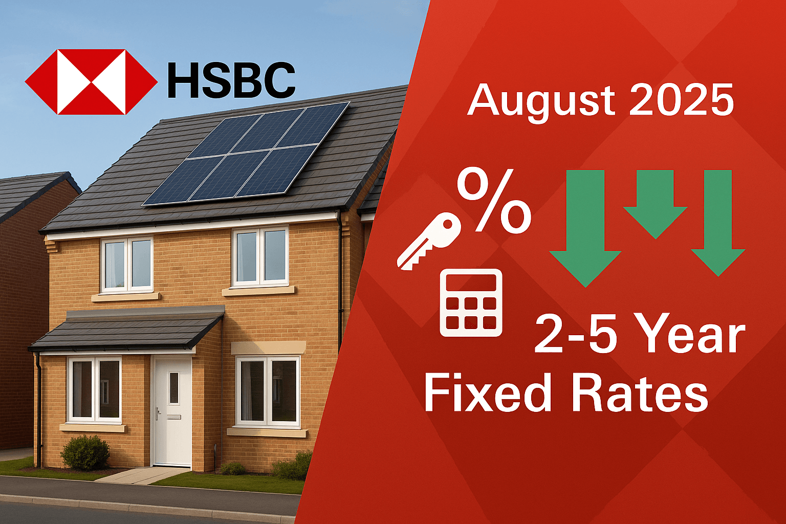 Visual showing a modern UK home with solar panels and HSBC branding, highlighting August 2025 mortgage rate reductions for 2-5 year fixed deals with green downward arrows and financial icons