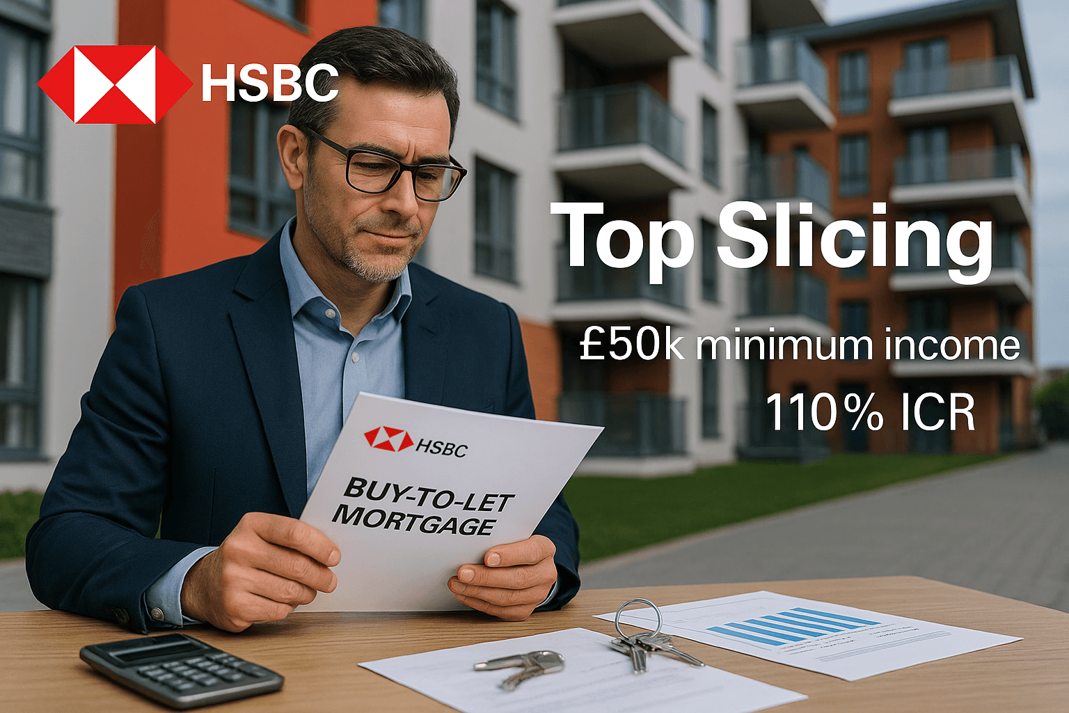 Professional property investor reviewing HSBC Buy-to-Let mortgage documents with modern rental apartments in the background, highlighting Top Slicing, £50k minimum income, and 110% ICR criteria.