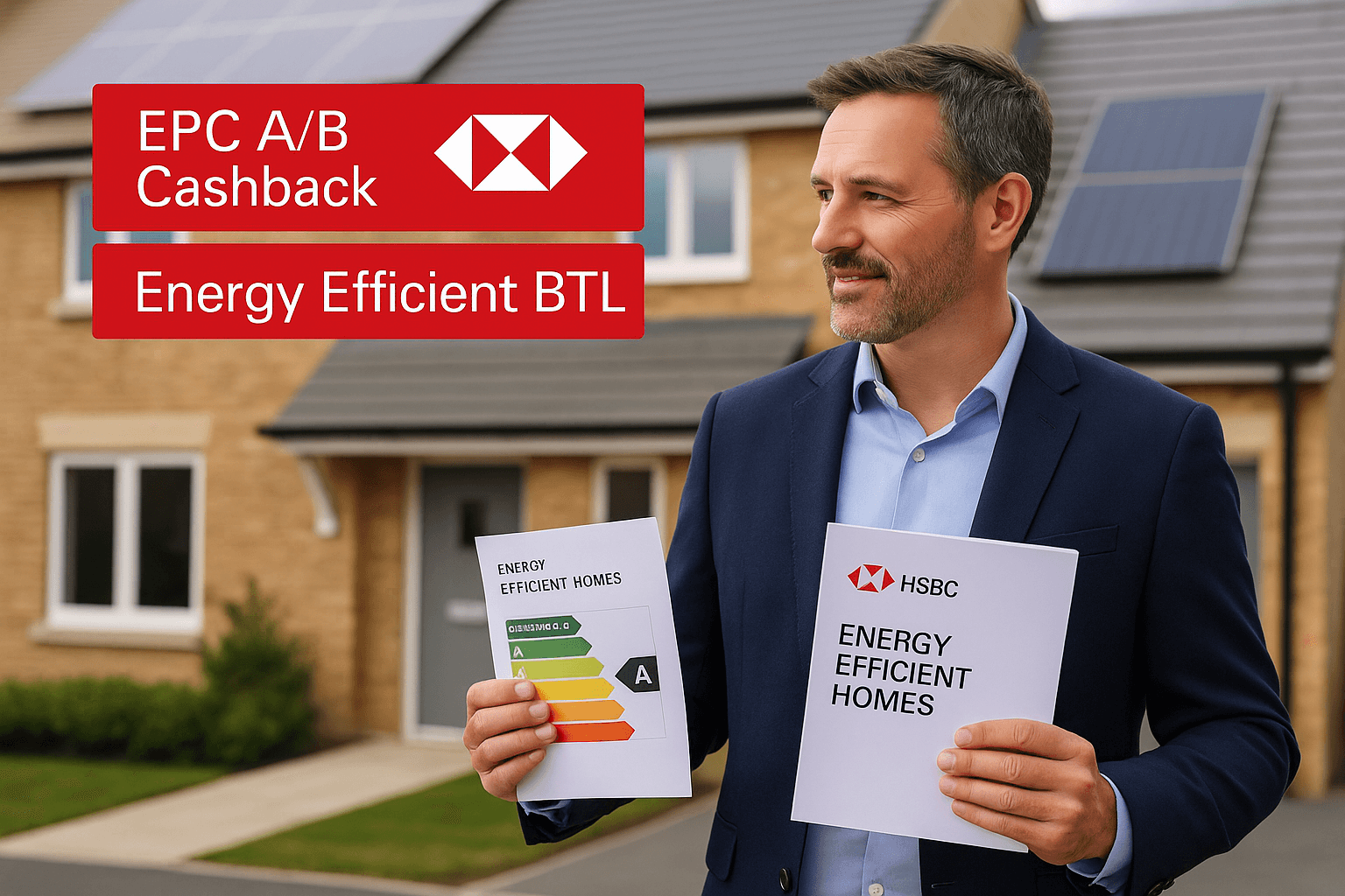 Property investor outside modern UK rental property with solar panels, holding HSBC Energy Efficient Homes documents and EPC A/B certificate, promoting cashback for energy-efficient buy-to-let mortgages.
