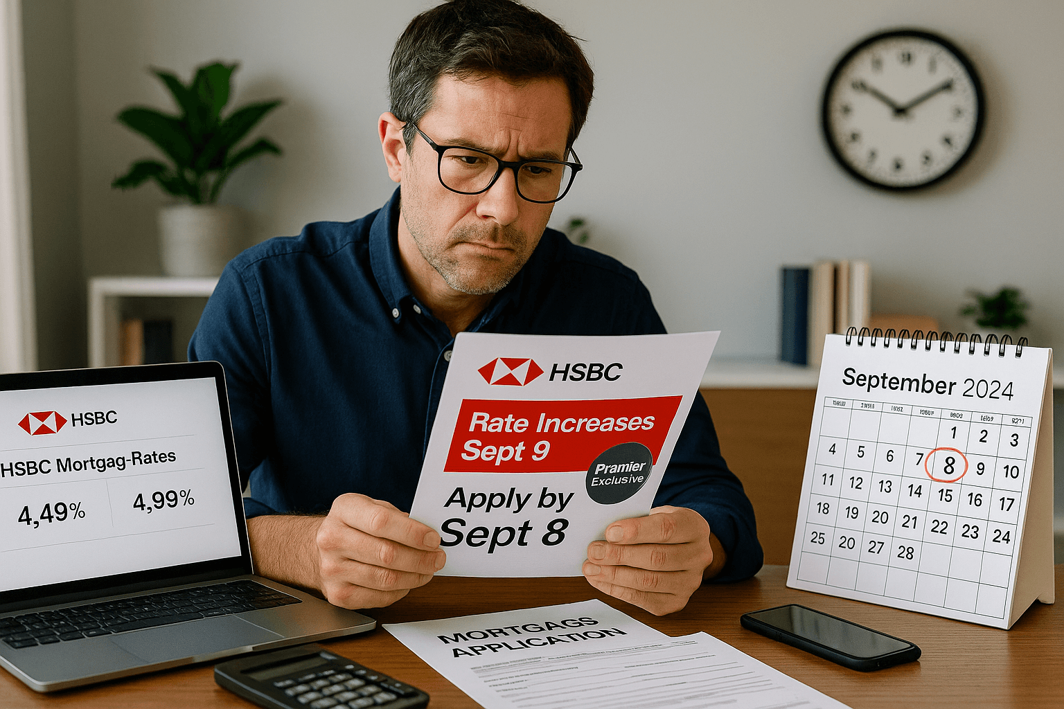 Professional homeowner reviewing HSBC mortgage documents at desk with calendar showing September 8 deadline, laptop displaying rates, and urgent banner “Rate Increases Sept 9, Apply by Sept 8