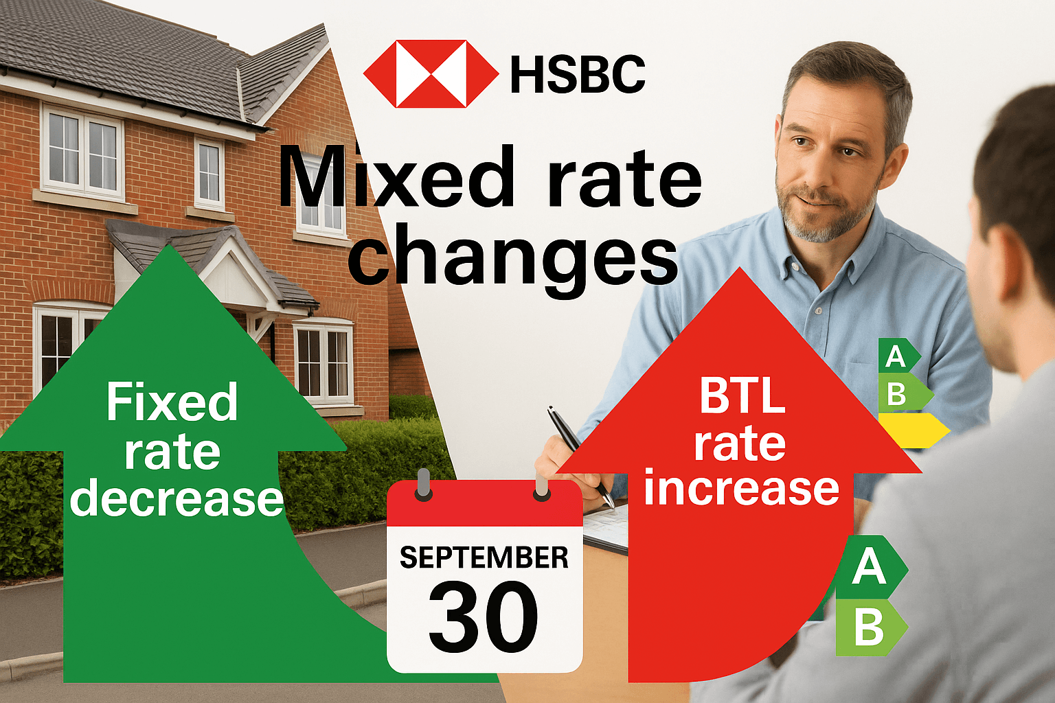 HSBC split-screen graphic showing fixed mortgage rate decrease with green arrow and buy-to-let rate increase with red arrow, featuring UK property, landlord consultation, energy efficiency symbols, and September 30 deadline