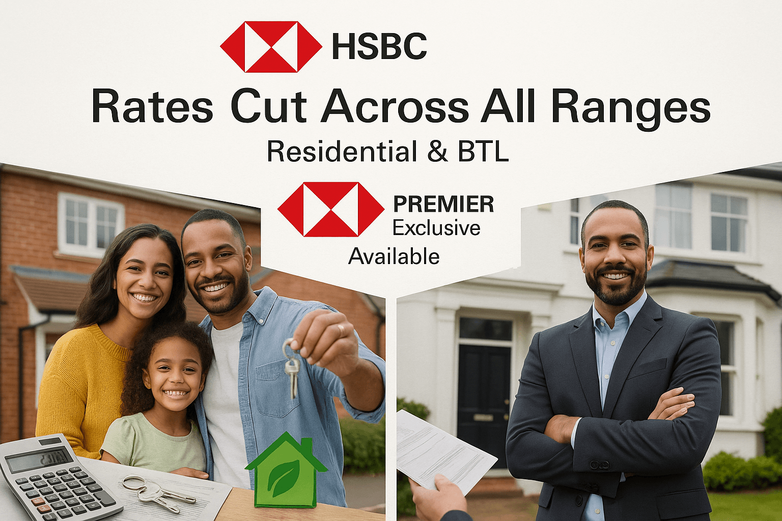 Diverse UK homeowners and landlords celebrating HSBC mortgage rate cuts with Residential, Buy-to-Let, and Premier Exclusive offers, featuring family outside new home and professional investor with property documents.