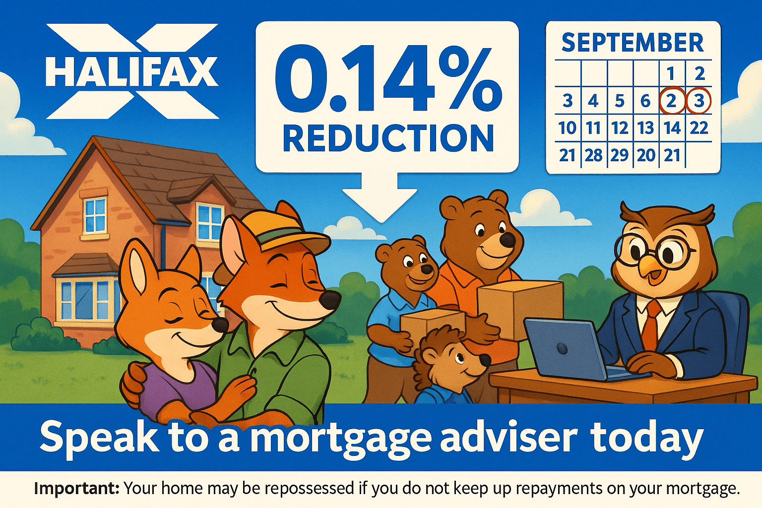 Halifax 0.14% mortgage rate reduction graphic with September 2025 calendar, family home, happy buyers, and adviser scene.