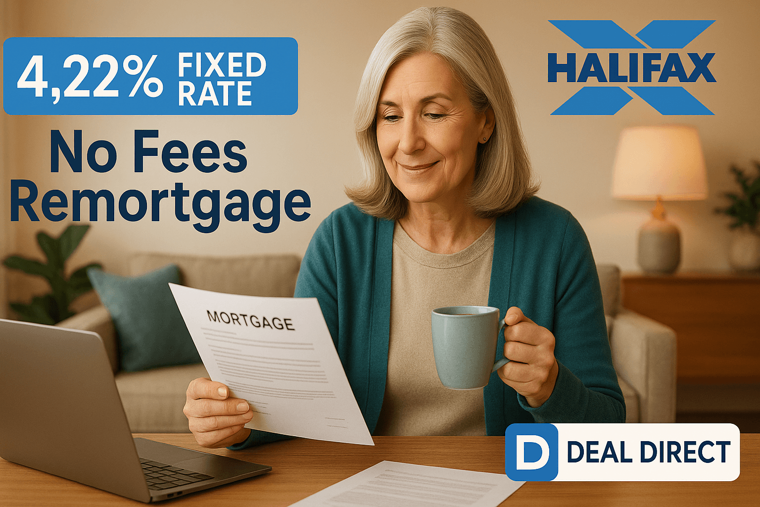 Mature woman reviewing mortgage documents at home with Halifax and Deal Direct branding promoting a 4.22% fixed rate no fees remortgage.