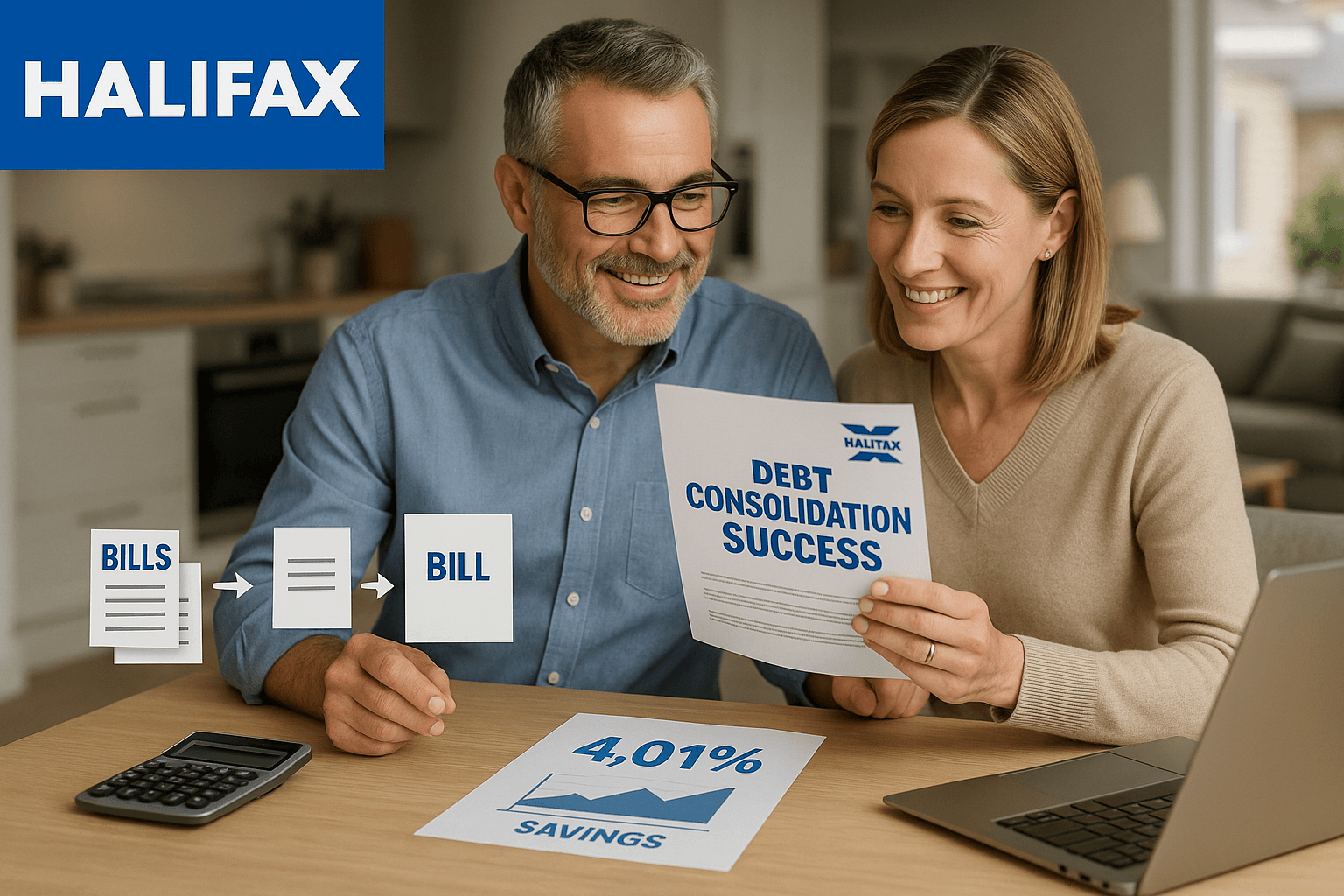 Middle-aged professional couple smiling while reviewing Halifax debt consolidation documents at home, showing simplified bills, a 4.01% savings rate, and financial clarity.
