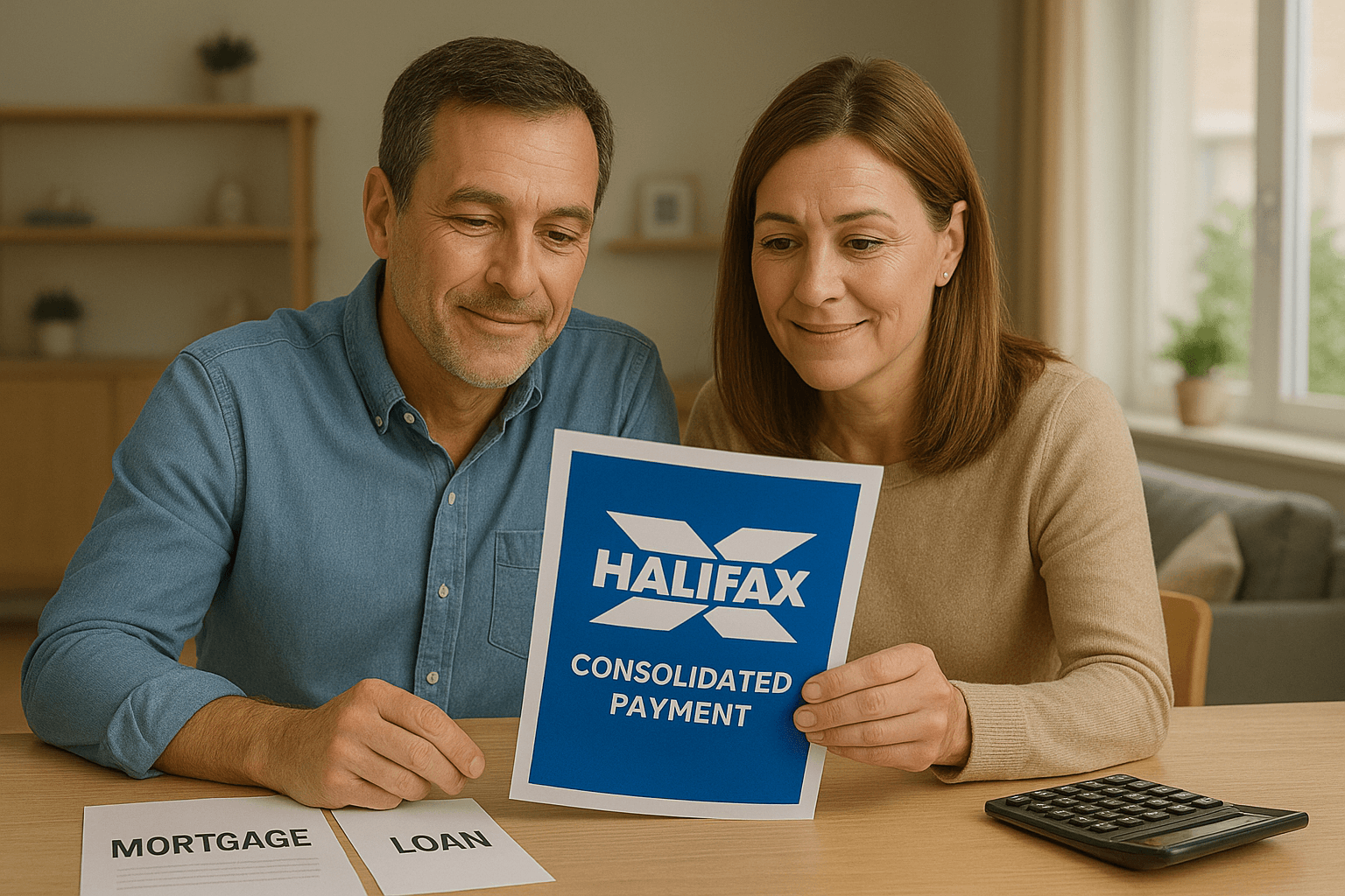 A middle-aged couple in a modern home reviewing Halifax debt consolidation paperwork at a wooden table, smiling with relief as multiple loan and mortgage bills are replaced by a single Halifax consolidated payment document.