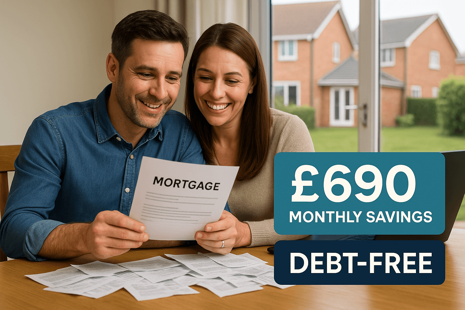A happy couple in their late 30s reviewing simplified mortgage documents at their dining table, smiling with relief, with a modern Midlands-style home visible in the background and text showing £690 monthly savings and debt-free status.