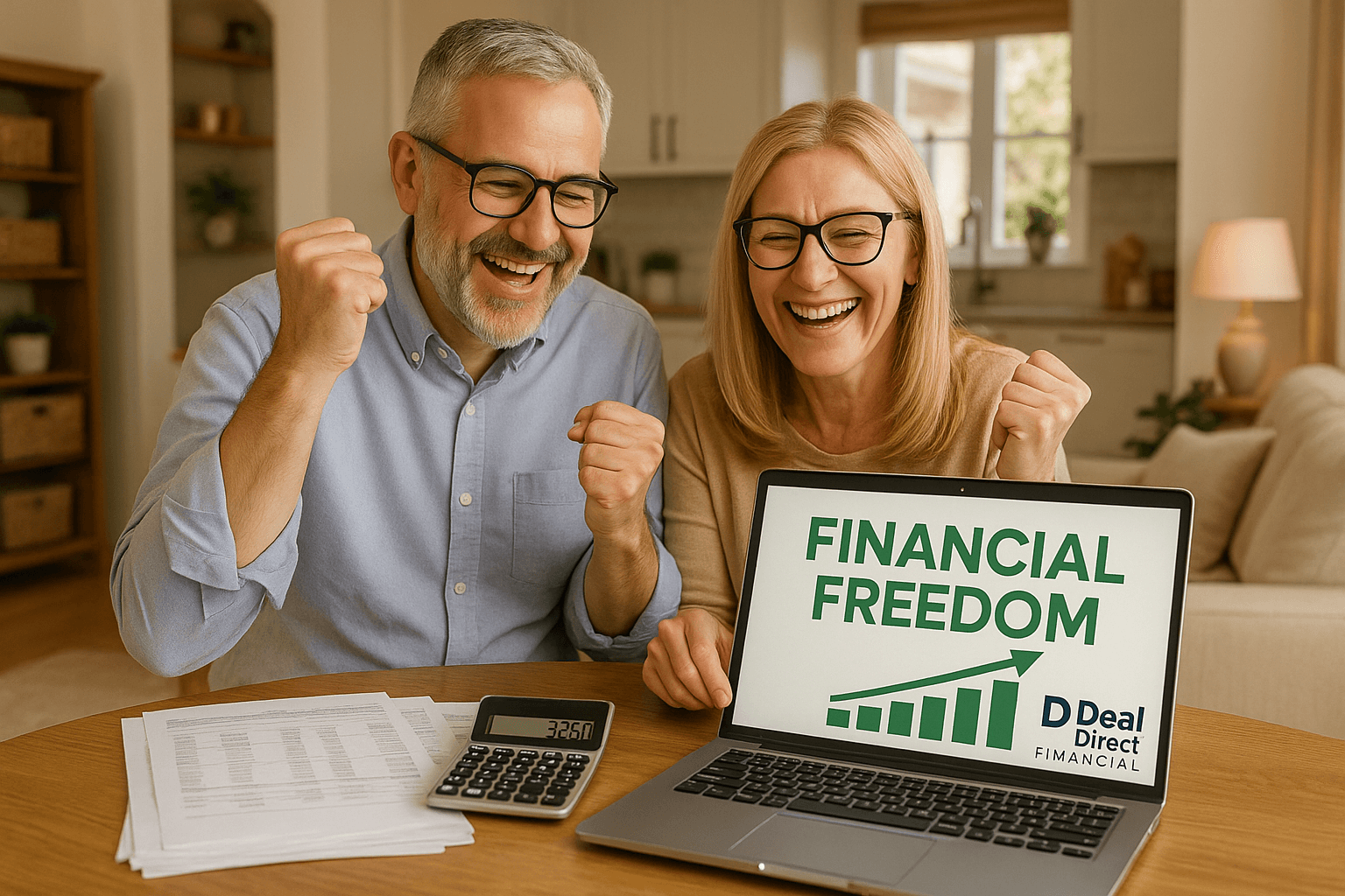 Smiling middle-aged couple at home celebrating financial relief after debt consolidation, with paperwork, calculator, and laptop showing monthly savings, branded with Deal Direct Financial.