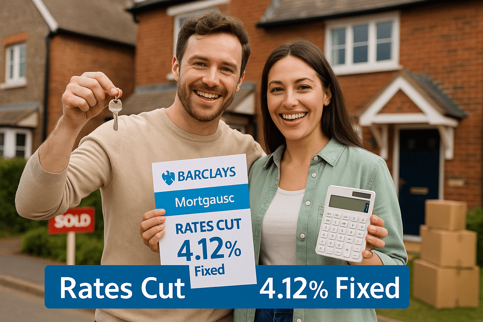 Smiling couple outside their new UK home holding Barclays mortgage documents and house keys, celebrating August 2025 rate cut to 4.12% fixed