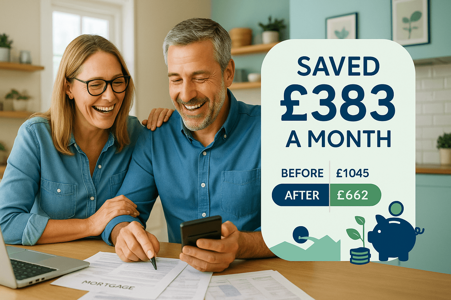 Smiling middle-aged couple reviewing mortgage documents at home showing £383 monthly savings from debt consolidation