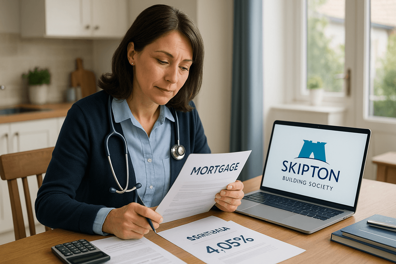 Middle-aged healthcare worker with stethoscope reviewing Skipton Building Society mortgage paperwork at a modern kitchen table with laptop and calculator, representing professional remortgage support for medical professionals.