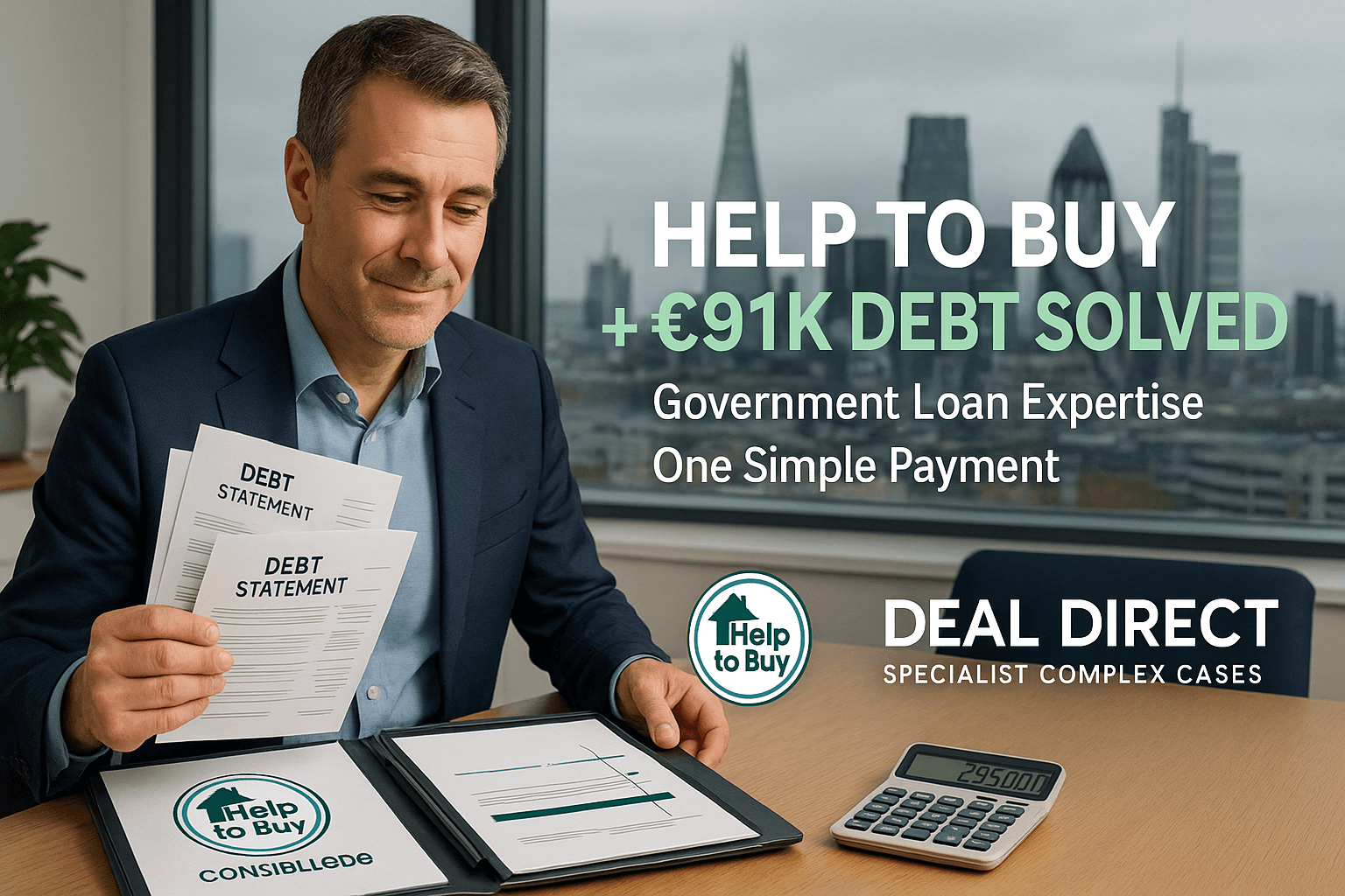 London professional reviewing debt statements and Help to Buy documents with Deal Direct branding, showcasing expertise in consolidating £91K debt into one simple mortgage payment.