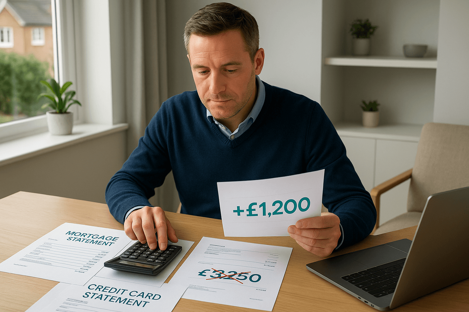 Middle-aged man in navy sweater reviewing financial documents at home office desk, holding paper showing +£1,200 savings with crossed-out credit card bill and mortgage statement.