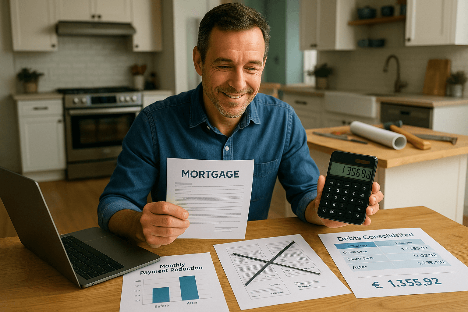 Middle-aged homeowner sitting in a modern kitchen reviewing mortgage documents, using a calculator that shows monthly savings, with organised debt consolidation paperwork and before-and-after charts on the table.