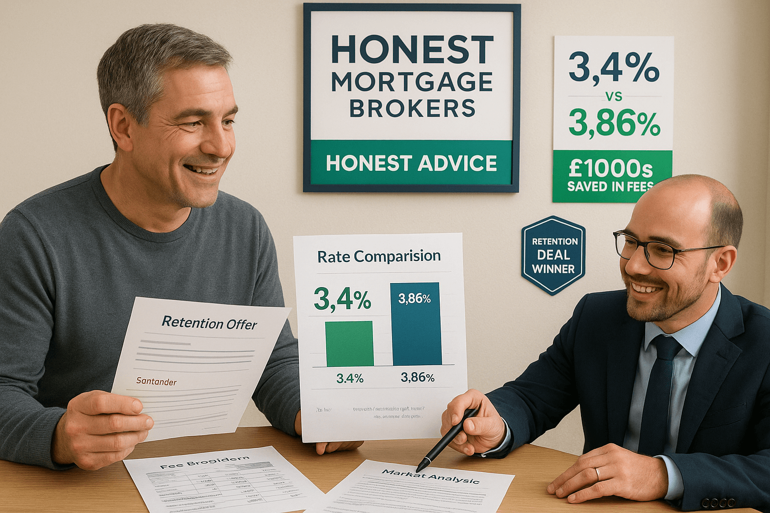 Professional homeowner in his 40s reviewing a Santander retention offer with a mortgage broker, comparing 3.4% vs 3.86% rates, showing £1000s saved in fees and transparent advice.