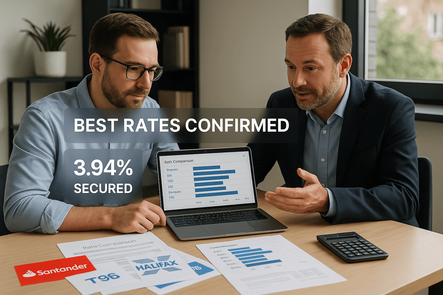 Mortgage advisor guiding client through remortgage options on laptop with lender comparison documents on desk, highlighting transparency and expert advice.
