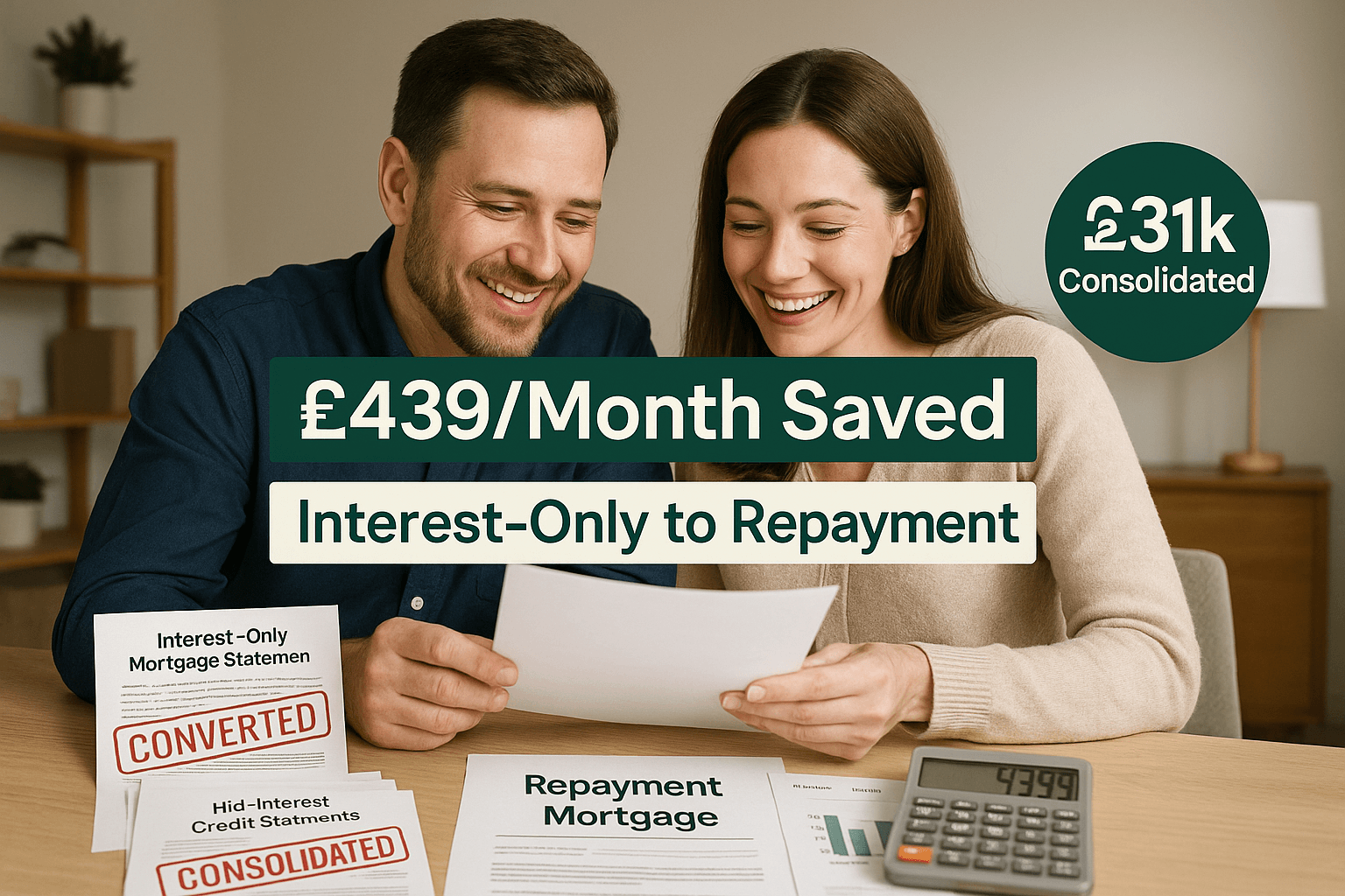 Couple in late 30s smiling while reviewing mortgage documents at home office, highlighting £439 monthly savings, £31k debt consolidation, and transition from interest-only to repayment mortgage.