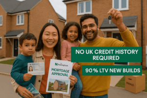 Diverse international family with children outside new build UK home, celebrating Nottingham Building Society mortgage approval, no UK credit history required