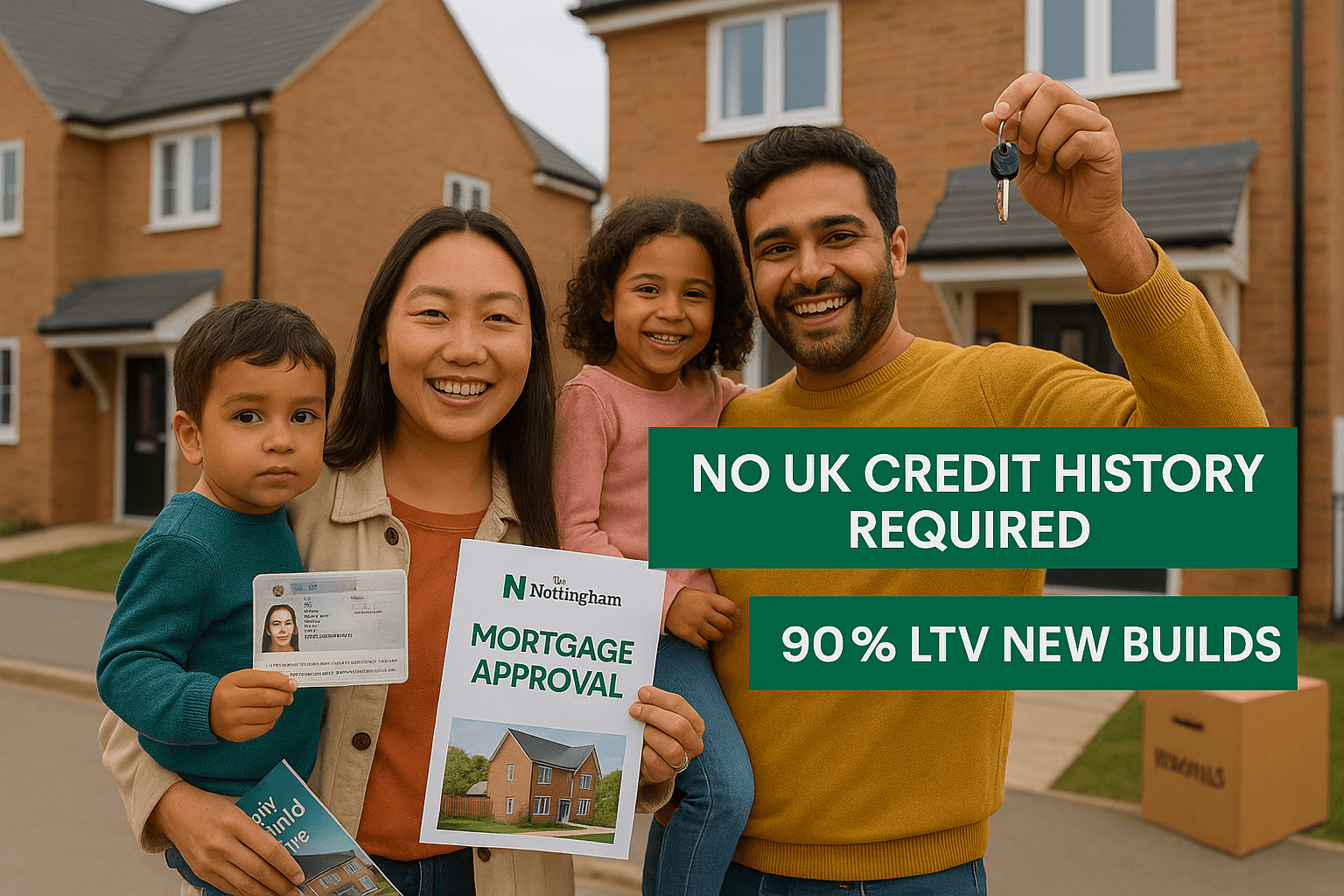 Diverse international family with children outside new build UK home, celebrating Nottingham Building Society mortgage approval, no UK credit history required