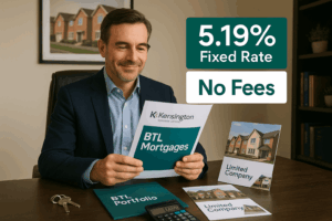 Professional property investor reviewing Kensington Buy-to-Let mortgage documents in a modern office, with 5.19% fixed rate and no fees messaging, property keys, portfolio documents, and calculator on desk.