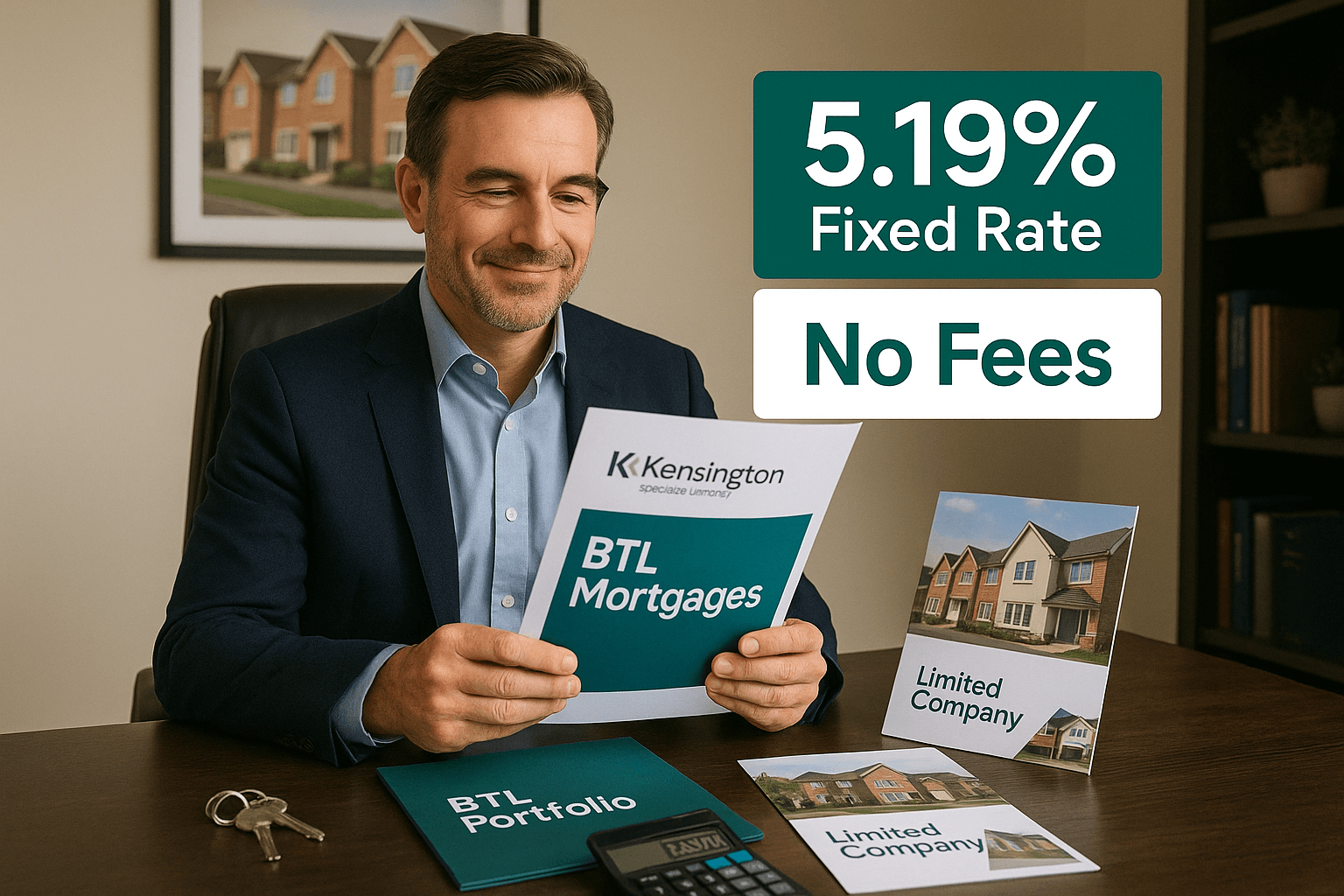 Professional property investor reviewing Kensington Buy-to-Let mortgage documents in a modern office, with 5.19% fixed rate and no fees messaging, property keys, portfolio documents, and calculator on desk.
