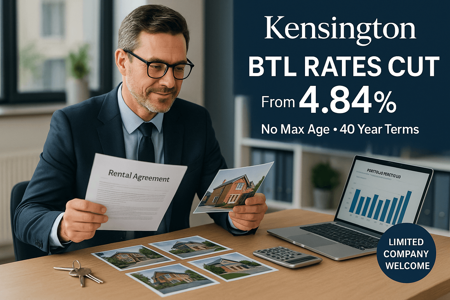 Professional landlord reviewing property portfolio in office with Kensington branding promoting buy-to-let mortgage rate cuts from 4.84%, featuring key benefits of no maximum age, 40-year terms, and limited company acceptance.