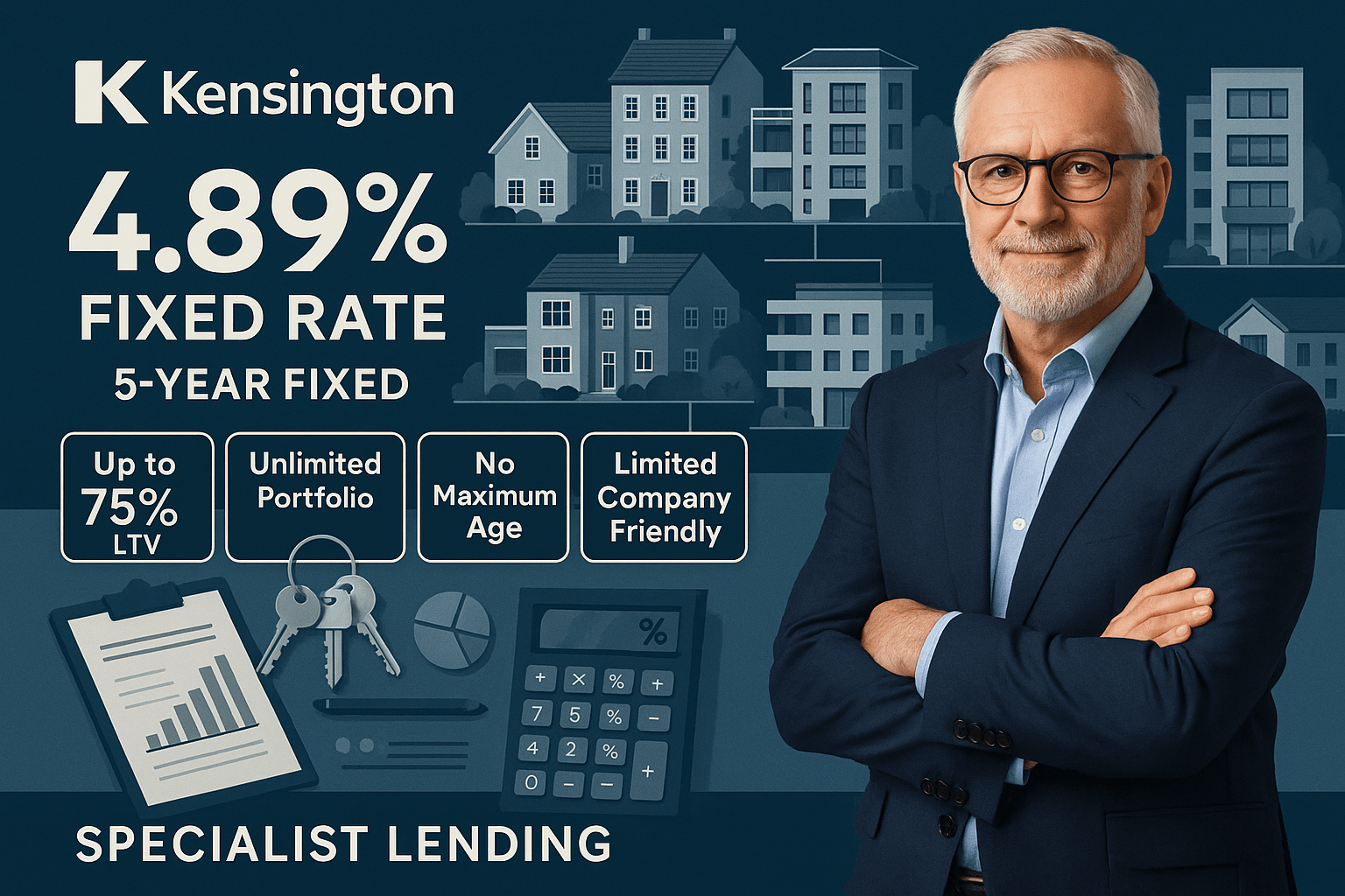 Professional UK landlord standing with portfolio of rental properties, promoting Kensington Mortgages’ 4.89% 5-year fixed buy-to-let rate, up to 75% LTV, unlimited portfolio, no maximum age, and limited company friendly lending criteria