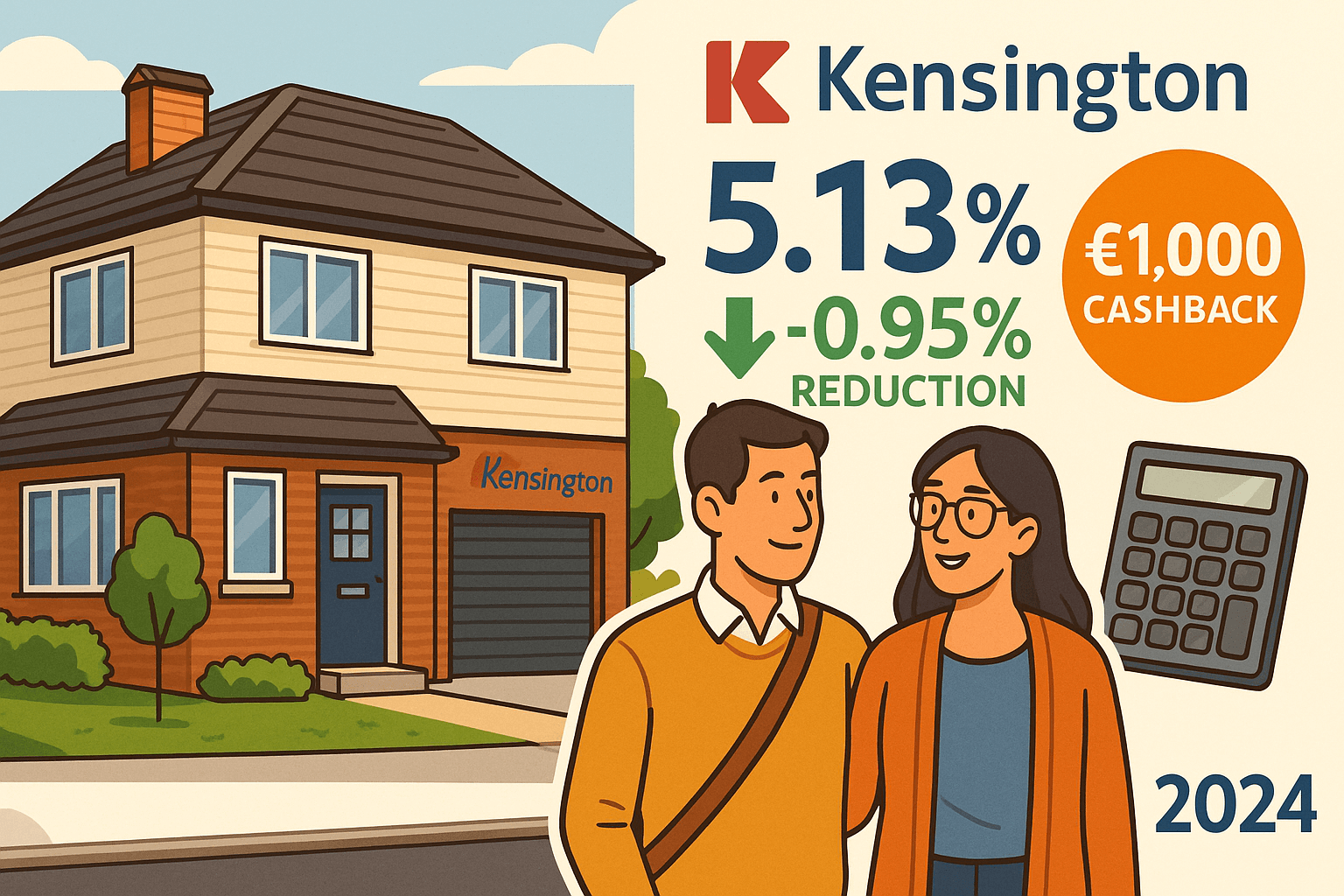 Cartoon-style Kensington Mortgages ad featuring a smiling couple outside a modern UK home with teal door, highlighting 5.13% rate, 0.95% reduction, £1,000 cashback, calculator icon, and 2025 reference.