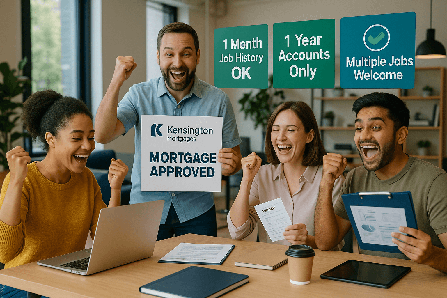 A diverse group of modern workers in a co-working space celebrating Kensington Mortgages approval, highlighting flexible income solutions with signs showing “1 Month Job History OK,” “1 Year Accounts Only,” “Multiple Jobs Welcome,” and “13 Days to Offer.