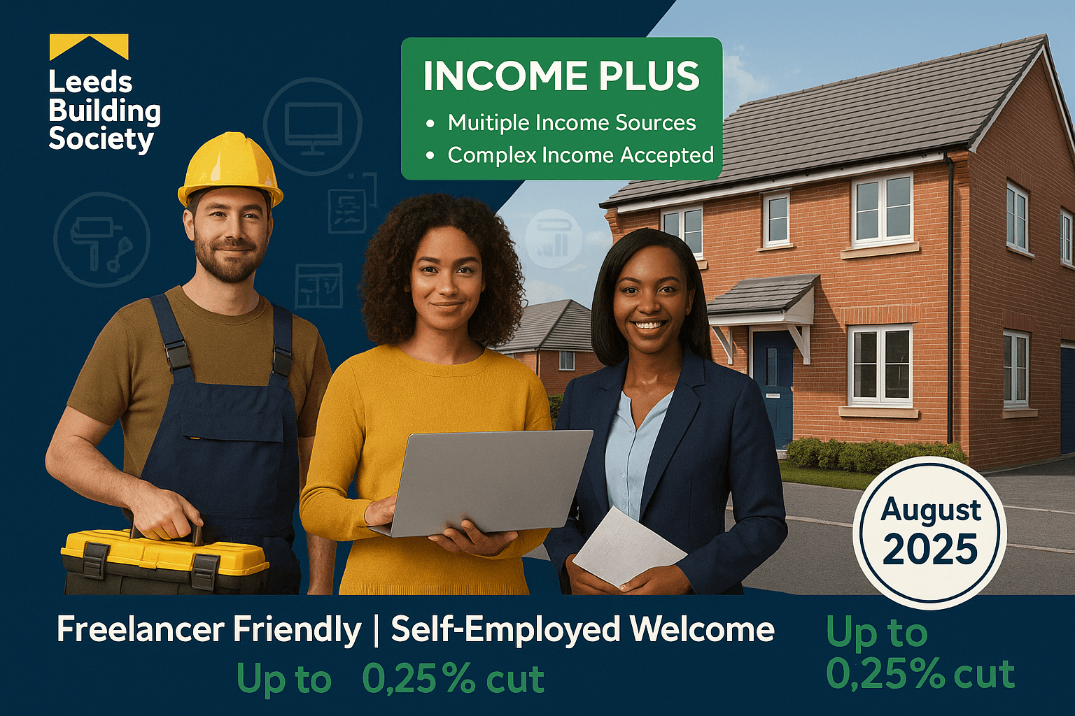 Three professionals in front of a modern UK home promoting Leeds Building Society's Income Plus mortgage, highlighting multiple income sources, freelancer-friendly features, and up to 0.25% rate cut.