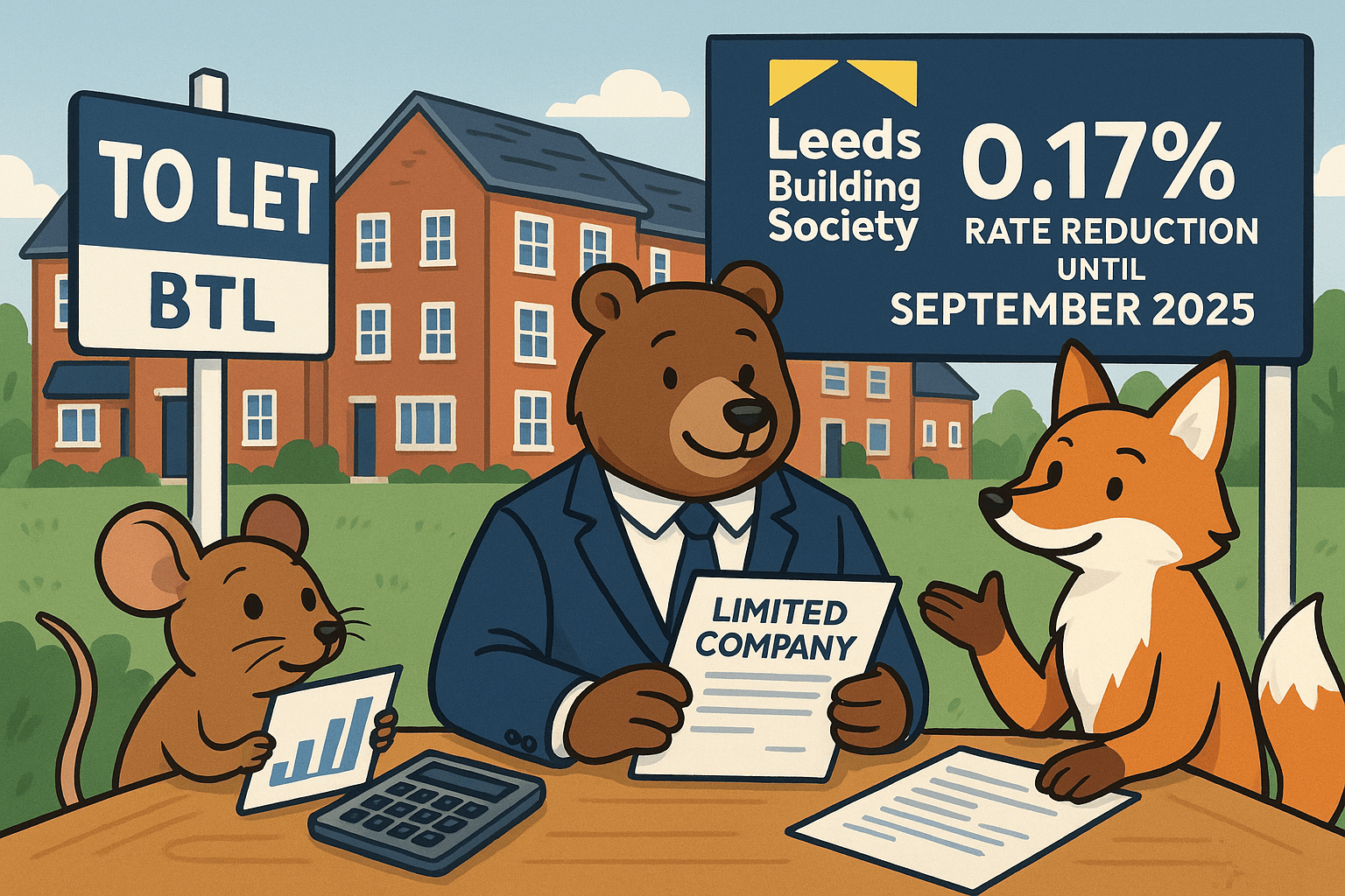 Cartoon illustration of friendly animals reviewing Limited Company BTL mortgage documents with Leeds Building Society branding, To Let signage, calculator, and 0.17% rate cut announcement for September 2025
