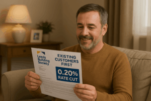 Middle-aged man sitting at home smiling as he reviews a Leeds Building Society rate reduction letter, with branding highlighting “Existing Customers First” and “0.20% Rate Cut” to emphasize loyalty rewards.