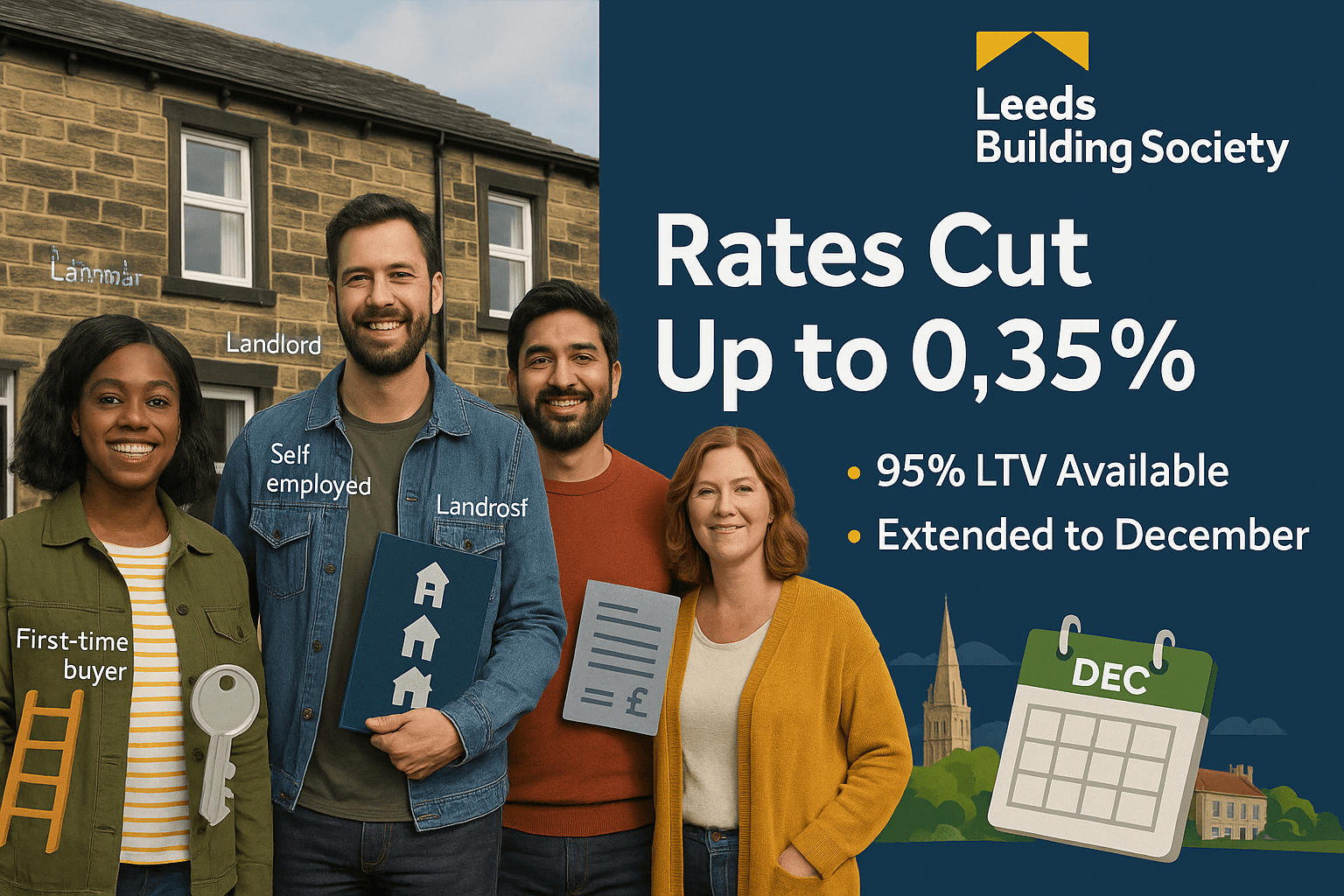 Leeds Building Society promotional ad showing diverse UK homeowners outside a Yorkshire property with text highlighting mortgage rate cuts up to 0.35%, 95% LTV availability, and an extension to December.