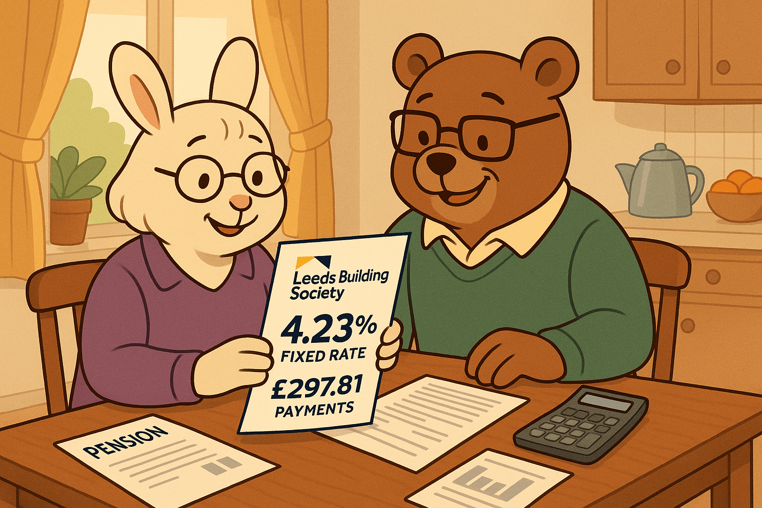 Cartoon illustration of a retired animal couple in a cozy home reviewing Leeds Building Society mortgage documents with pension statements, calculator, and branding, showing 4.23% fixed rate and £297.81 monthly payments.