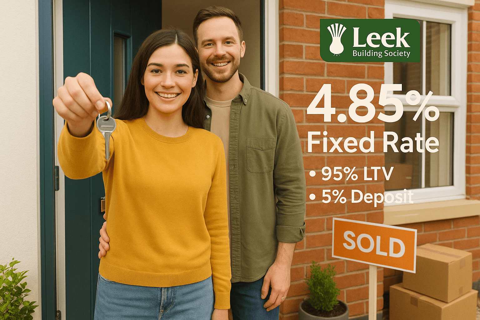 Smiling young couple holding house keys outside their new UK home with Leek Building Society branding, a “SOLD” sign, and 4.85% fixed rate mortgage details.