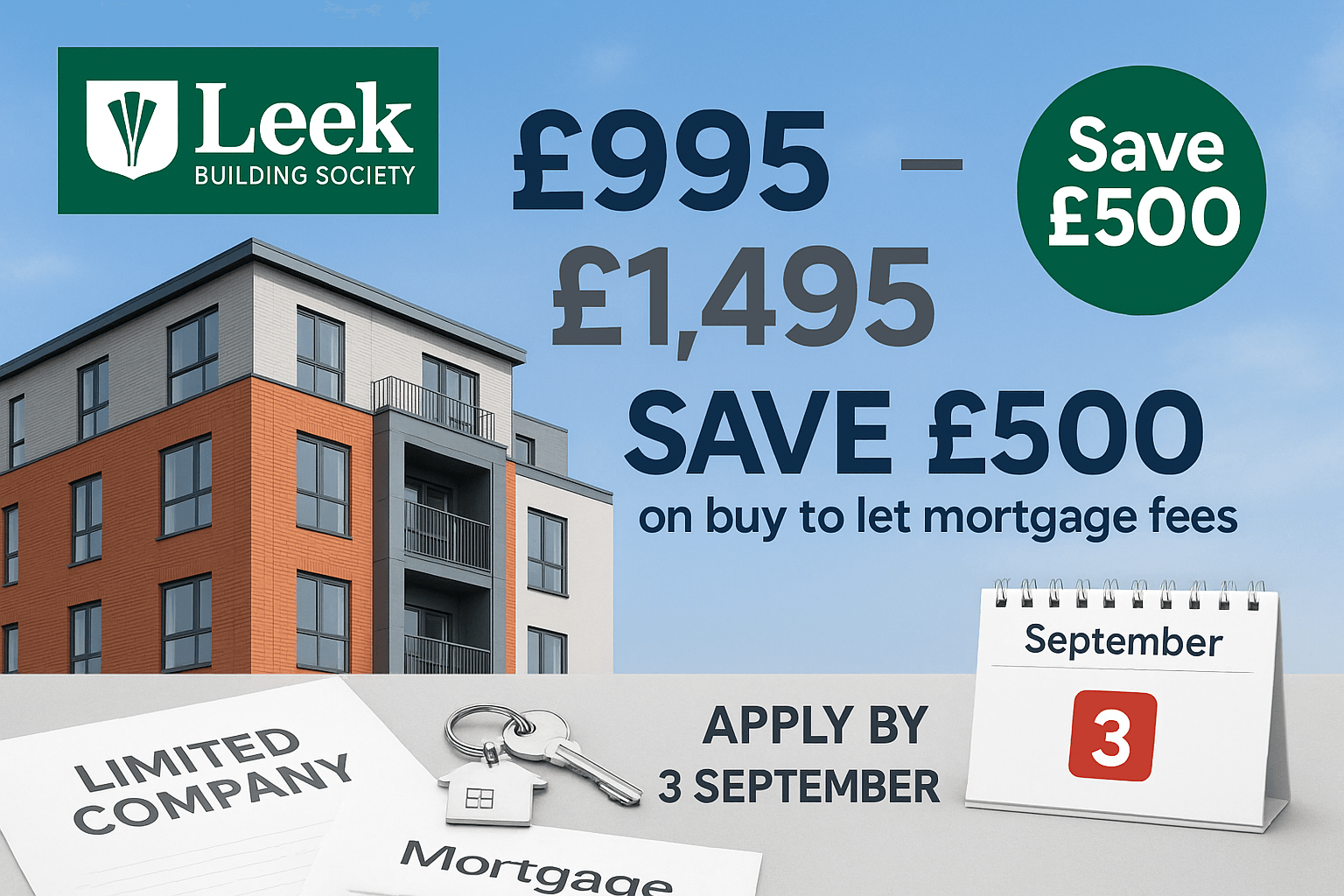 Leek Building Society buy-to-let mortgage promotion showing £995 fee vs £1,495 with £500 savings, modern apartment building, mortgage paperwork, keys, and September 3rd deadline calendar