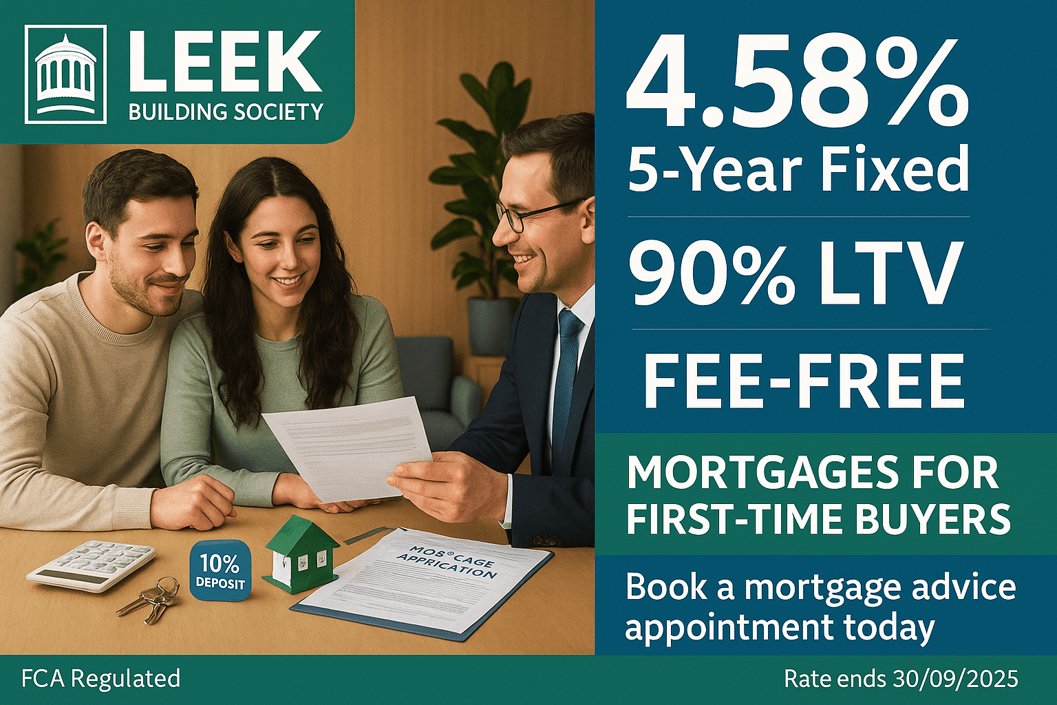 Young couple meeting mortgage adviser at Leek Building Society office, discussing fee-free 90% LTV mortgage with 4.58% 5-year fixed rate and 10% deposit for first-time buyers