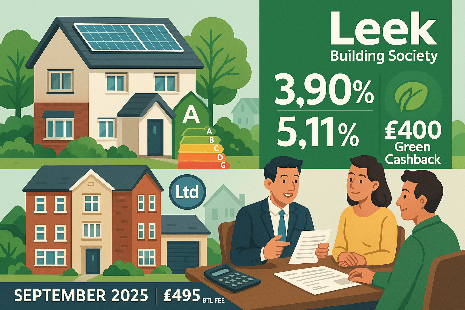 Cartoon illustration of a mortgage consultation with Leek Building Society, featuring eco-friendly homes with solar panels, EPC energy rating symbols, and promotional callouts for 3.90% and 5.11% rates, £400 green cashback, and £495 BTL fee, dated September 2025