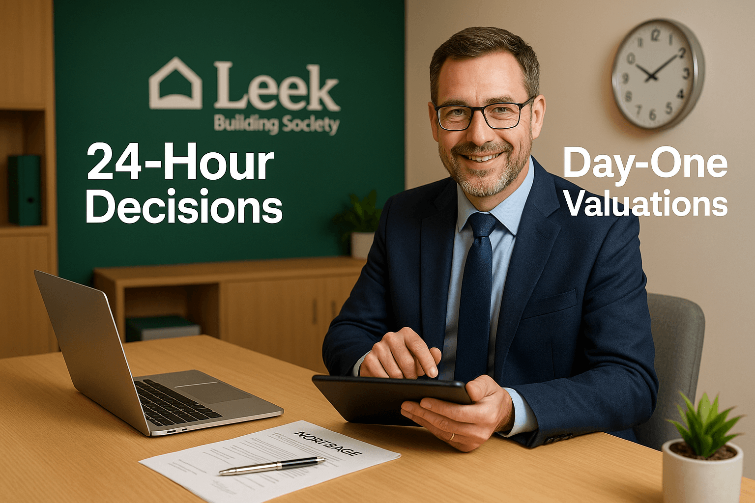 Friendly mortgage adviser at Leek Building Society using a tablet in a modern office with “24-Hour Decisions” and “Day-One Valuations” displayed, highlighting fast and personal mortgage service.