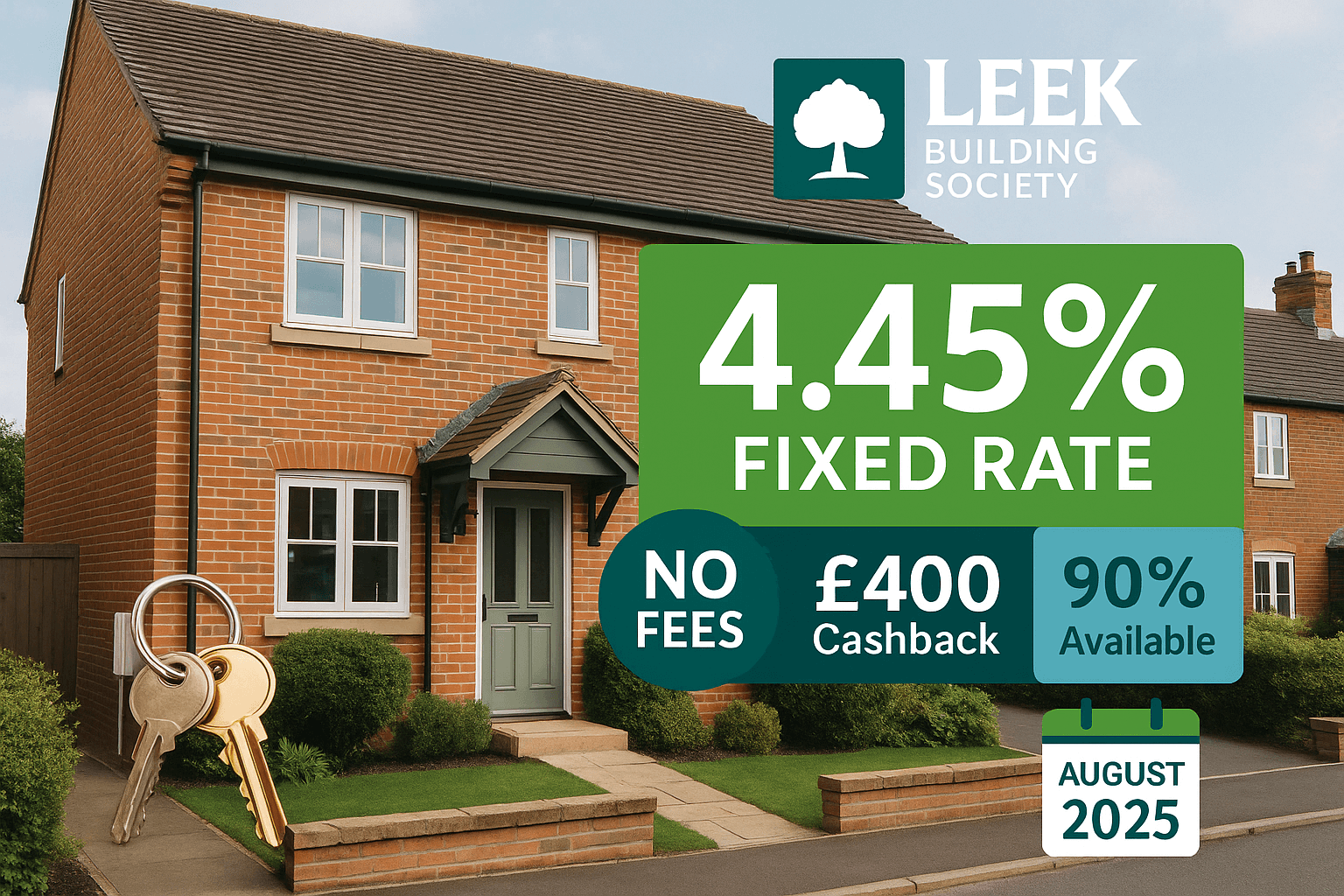 A semi-detached red brick home with a green door, promoting Leek Building Society's mortgage offer featuring a 4.45% fixed rate, no fees, £400 cashback, 90% LTV, and August 2025 date.