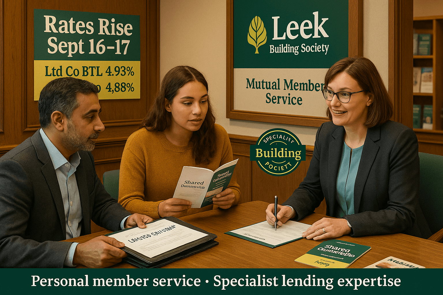 Leek Building Society rates consultation—adviser with a limited company buy-to-let investor and a first-time shared ownership buyer in a traditional branch.