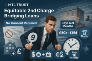 Business professional at a property auction promoting MTL Trust Equitable 2nd Charge Bridging Loans, highlighting “No Consent Required,” “Days Not Months,” loan range £50k–£5M, and up to 18 months term with speed and flexibility messaging.