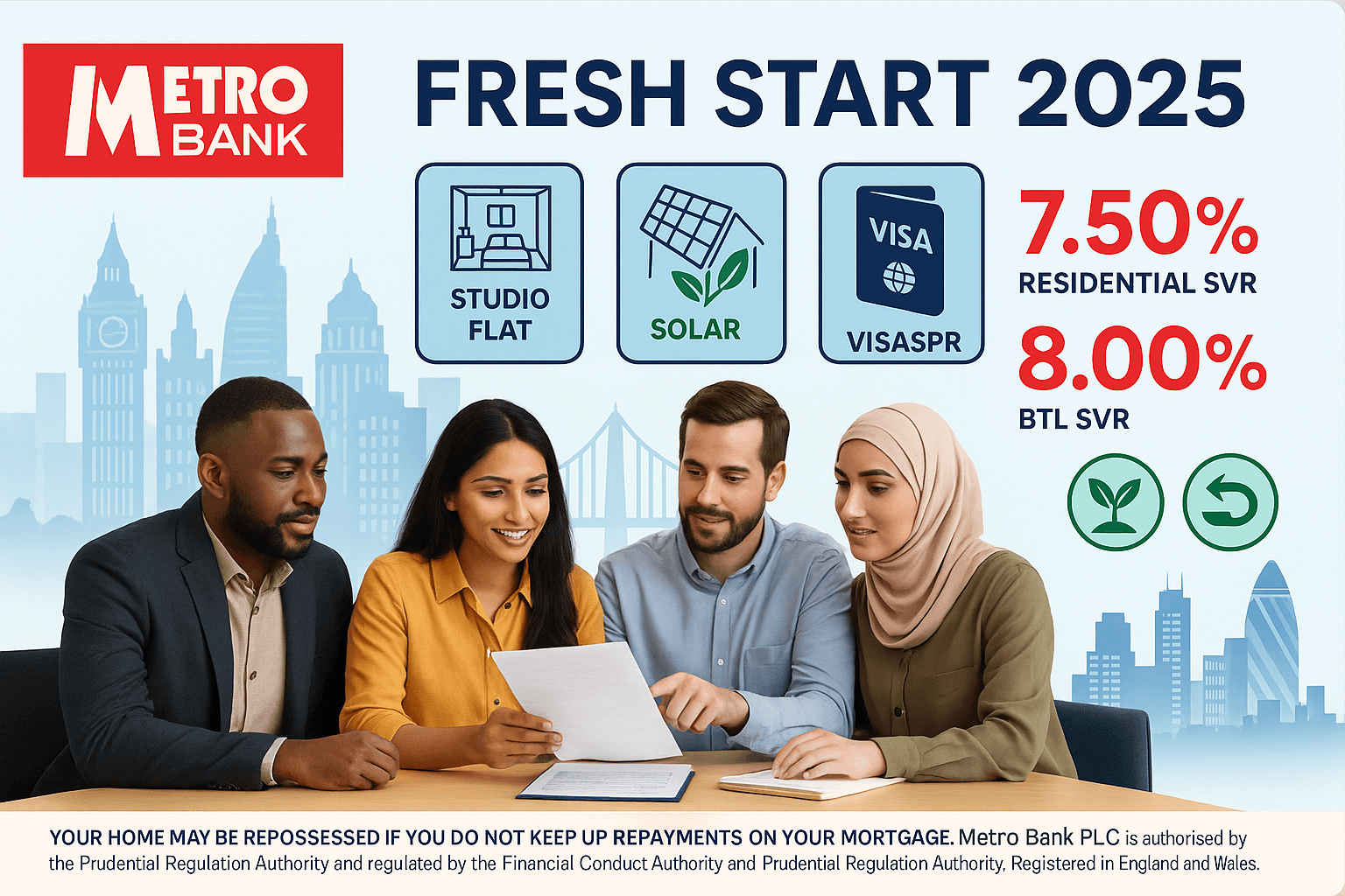 Diverse family meeting with mortgage adviser, Metro Bank Fresh Start 2025 campaign highlighting studio flats, solar panels, and VISA support with 7.50% Residential SVR and 8.00% BTL SVR