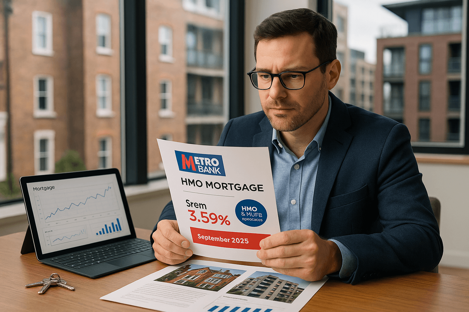 Property investor reviewing Metro Bank HMO mortgage documents with rate 3.59% and September 2025 details in modern office.