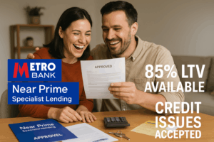 Happy couple celebrating Metro Bank Near Prime mortgage approval, holding approval documents with branding showing 85% LTV available and credit issues accepted in a warm family home setting.