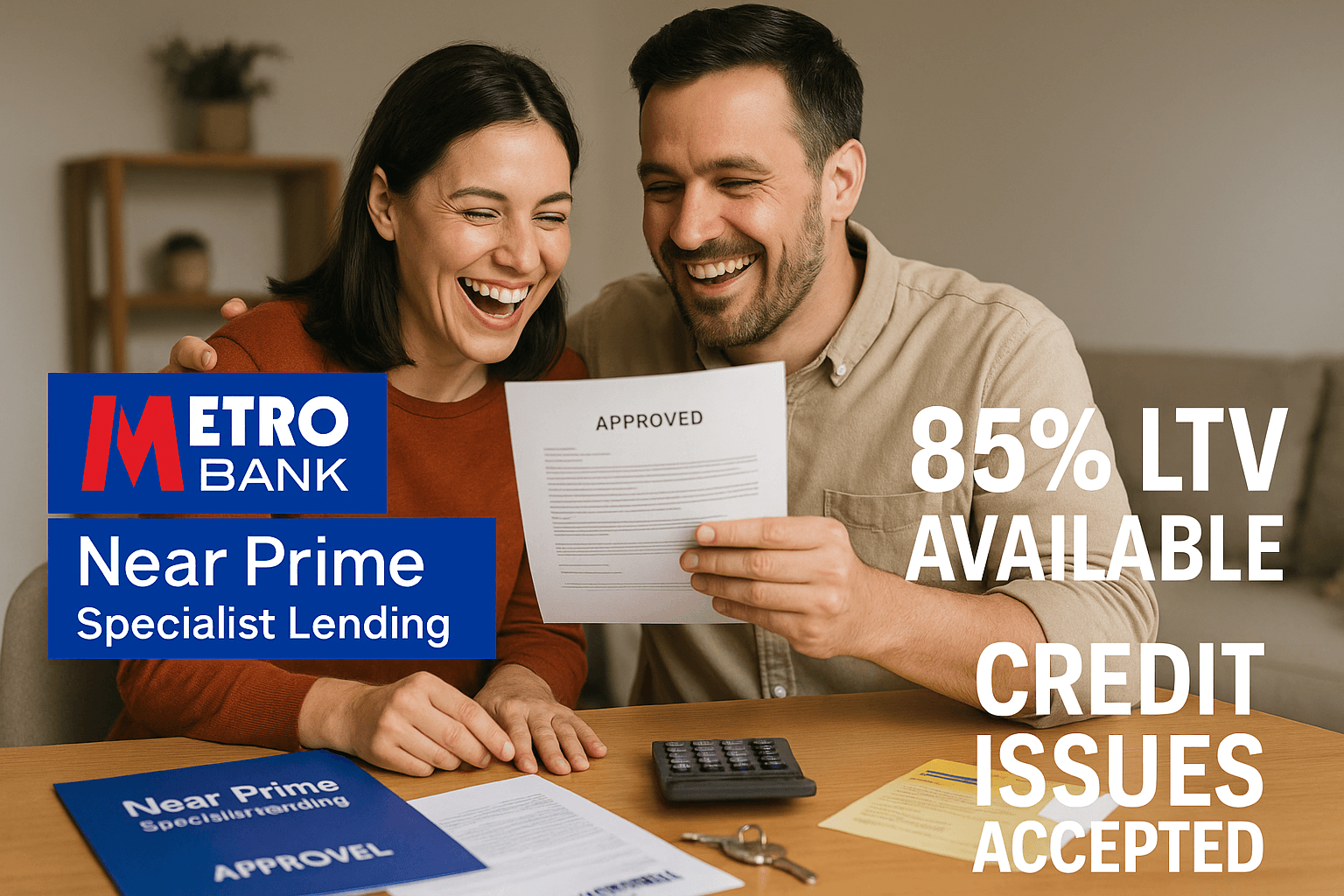 Happy couple celebrating Metro Bank Near Prime mortgage approval, holding approval documents with branding showing 85% LTV available and credit issues accepted in a warm family home setting.